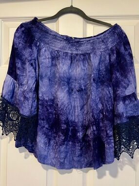 Unique Spectrum Women's Off-Shoulder Tie-Dye Blouse Crocheted Lace Sleeve - Blue